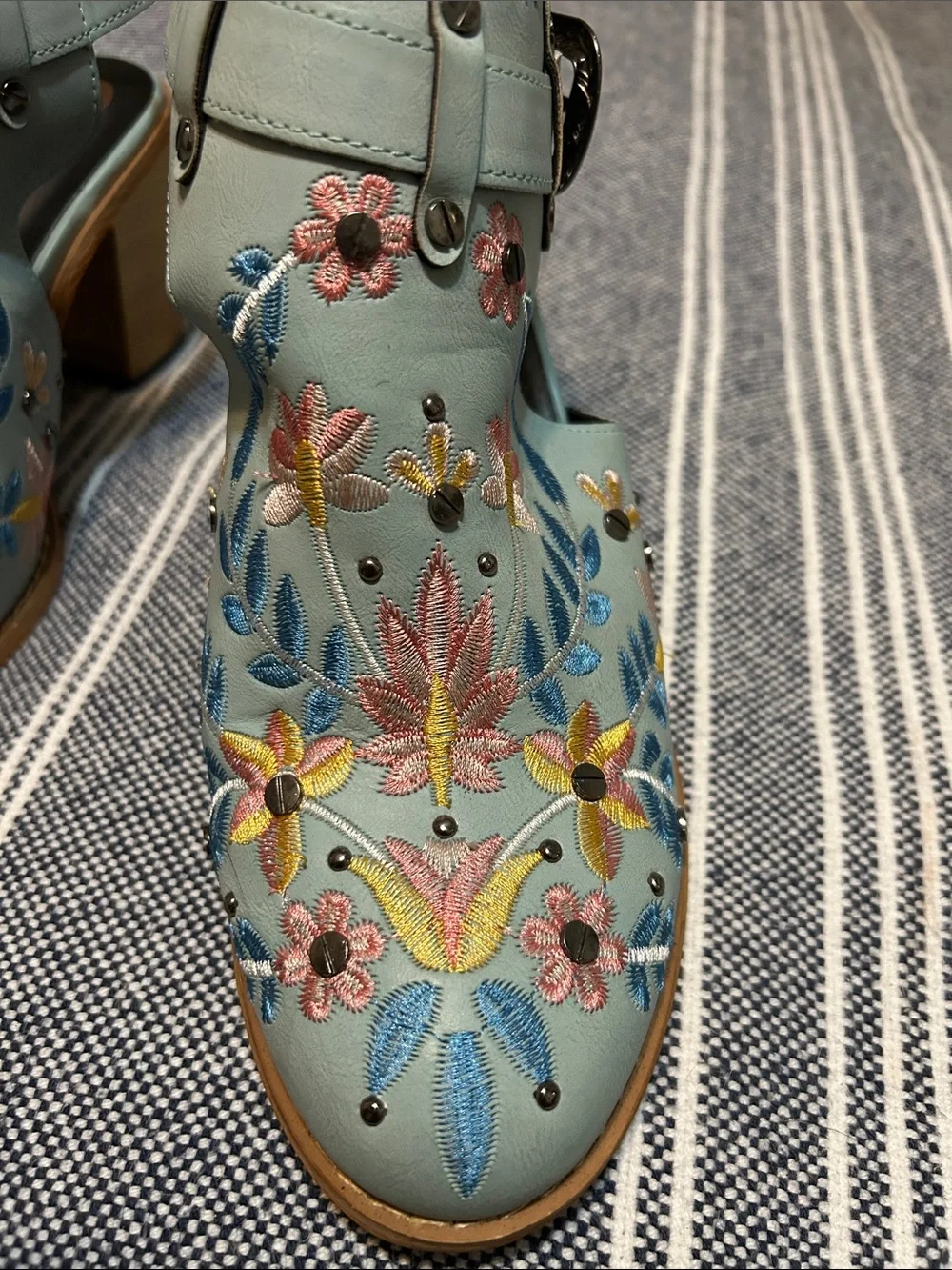 Women Chunky Heel Embroidery Buckle Boots Blue w/Flower Size 10 - Picture 7 of 7